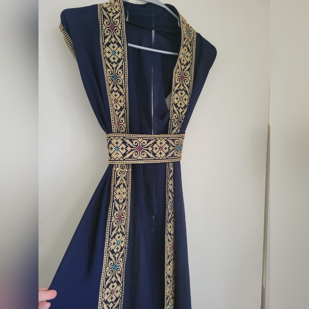 Navy Embroidered Trim Palistenian  Maxi Dress